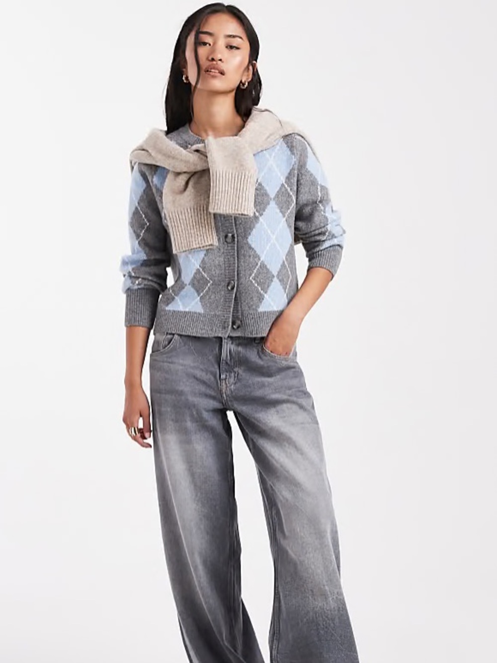 Grey Blue White Argyle Wool Blend Soft Knit Button Front Preppy Cardigan NEW